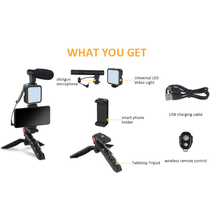 Vlogging Kit for Video Making (Mini Tripod Stand, Mic, LED Light & Phone Holder Clip)