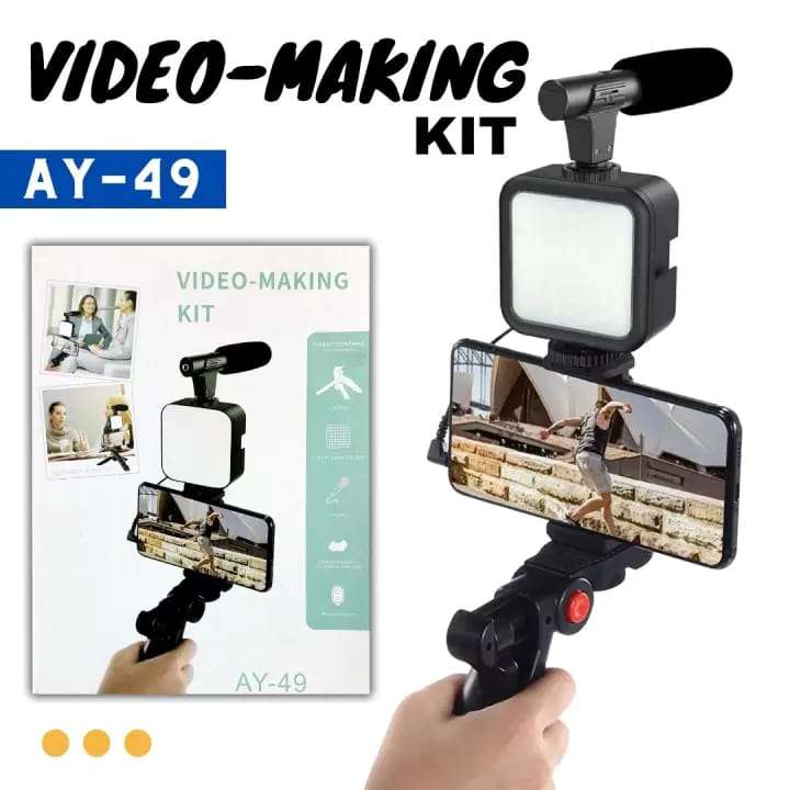 Vlogging Kit for Video Making (Mini Tripod Stand, Mic, LED Light & Phone Holder Clip)