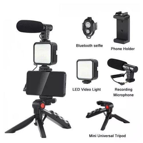 Vlogging Kit for Video Making (Mini Tripod Stand, Mic, LED Light & Phone Holder Clip)