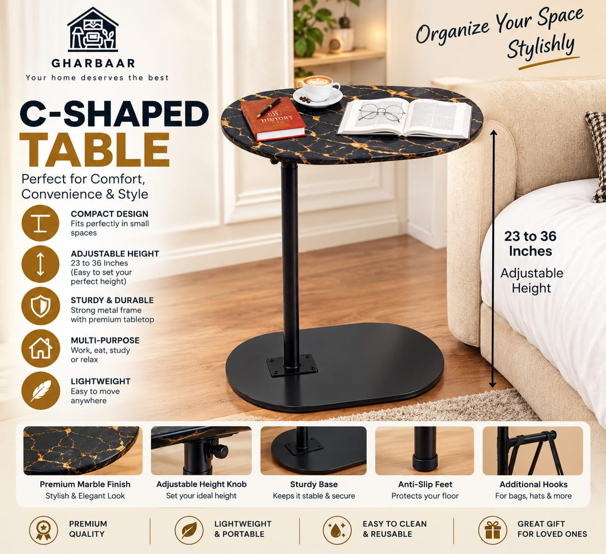 Adjustable Height 360° Move-able C-Shaped Table